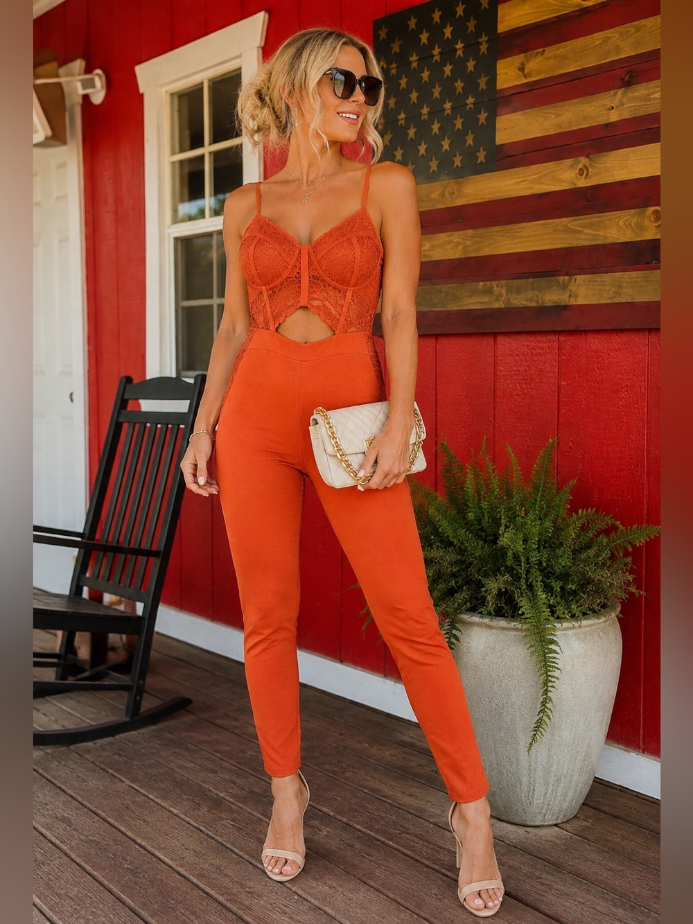 Blashe Burnt Orange Lace Bustier Cutout Jumpsuit Adjustable Strap one piece